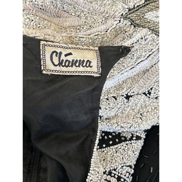Clianna Beaded Evening Dress White Blk & Silver beads Long Women SZ M - Picture 8 of 10